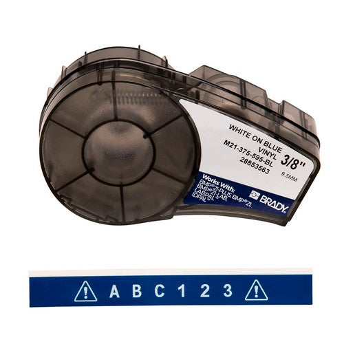 M21375595BL - Cinta de impresión y cinta de etiquetas de vinilo con adhesivo permanente para todo tipo de clima para impresoras M21 - 0.375", Blanco sobre azul