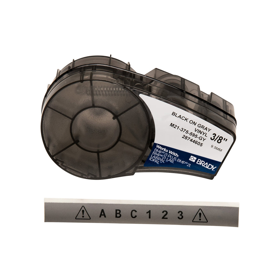 M21375595GY - Cinta de impresión y cinta de etiquetas de vinilo con adhesivo permanente para todo tipo de clima para impresoras M21 - 0.375", Negro sobre gris