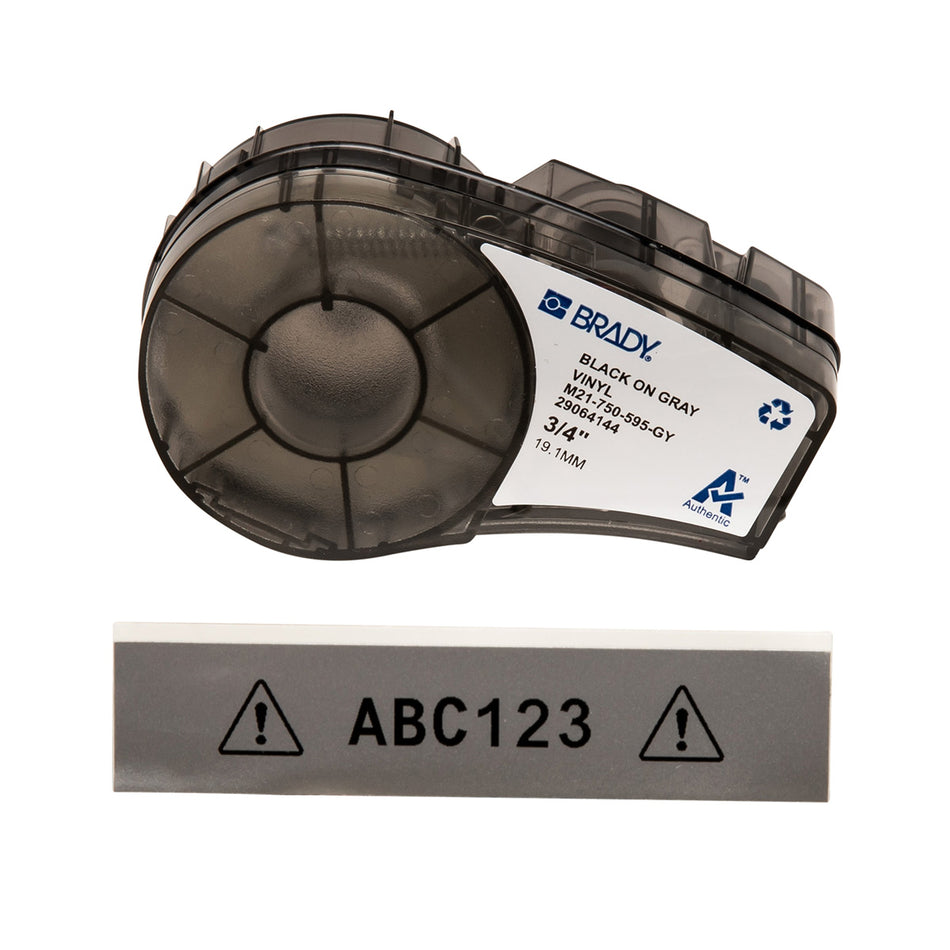 M21750595GY - Cinta de impresión y cinta de etiquetas de vinilo con adhesivo permanente para todo tipo de clima para impresoras M21 - 0.75", Negro sobre gris