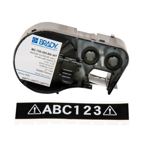 MC750595BKWT - Cinta de etiquetas de vinilo con adhesivo permanente para todo tipo de clima con cinta de impresión para BMP41 BMP51 - 0.75", blanco sobre negro