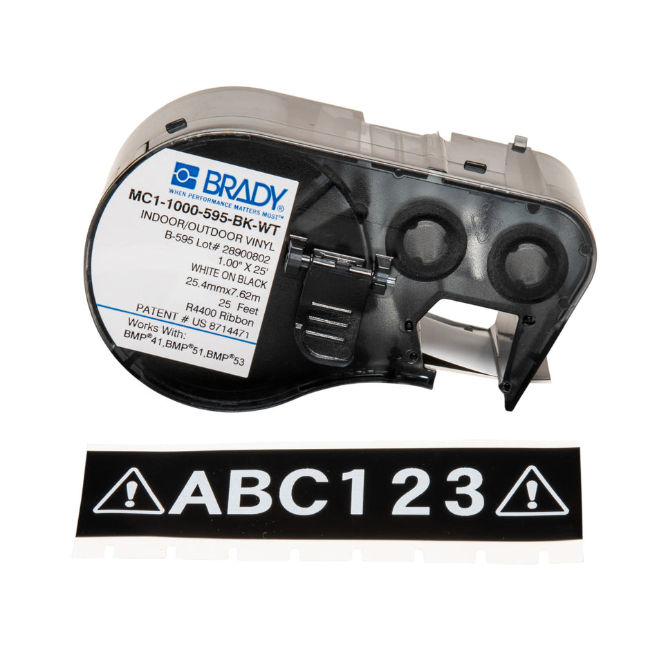 MC11000595BKWT - Cinta de etiquetas de vinilo con adhesivo permanente para todo tipo de clima con cinta de impresión para BMP41 BMP51 - 1", blanco sobre negro