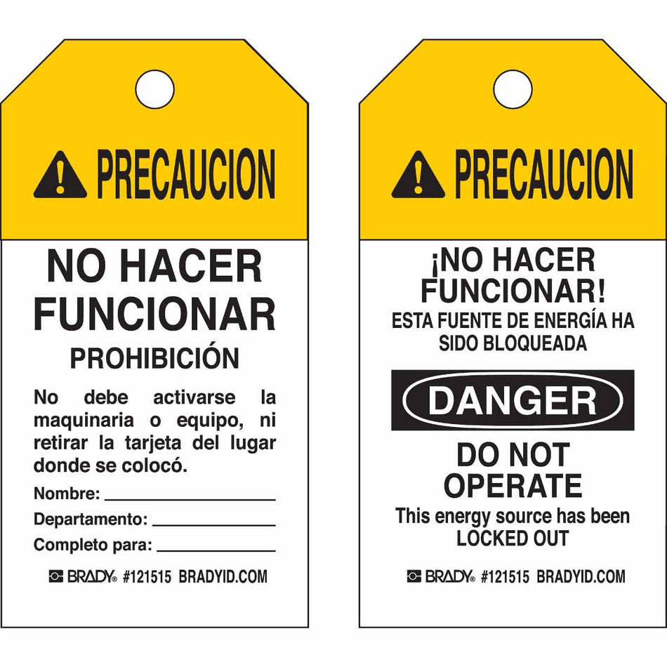 121515 - Tarjetas de bloqueo "PRECAUCION, ¡NO HACER FUNCIONAR!" (25 piezas)