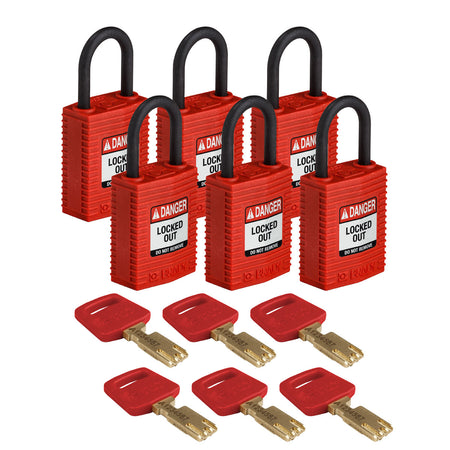 CPTRED25PLKD6PK - Candados de nylon compacto "SafeKey" rojo arco de plástico 1", llaves diferentes (6 piezas)