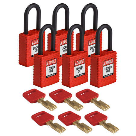 NYLRED38PLKD6PK - Candados de nylon "SafeKey" rojo arco de plástico 1.5", llaves diferentes (6 piezas)