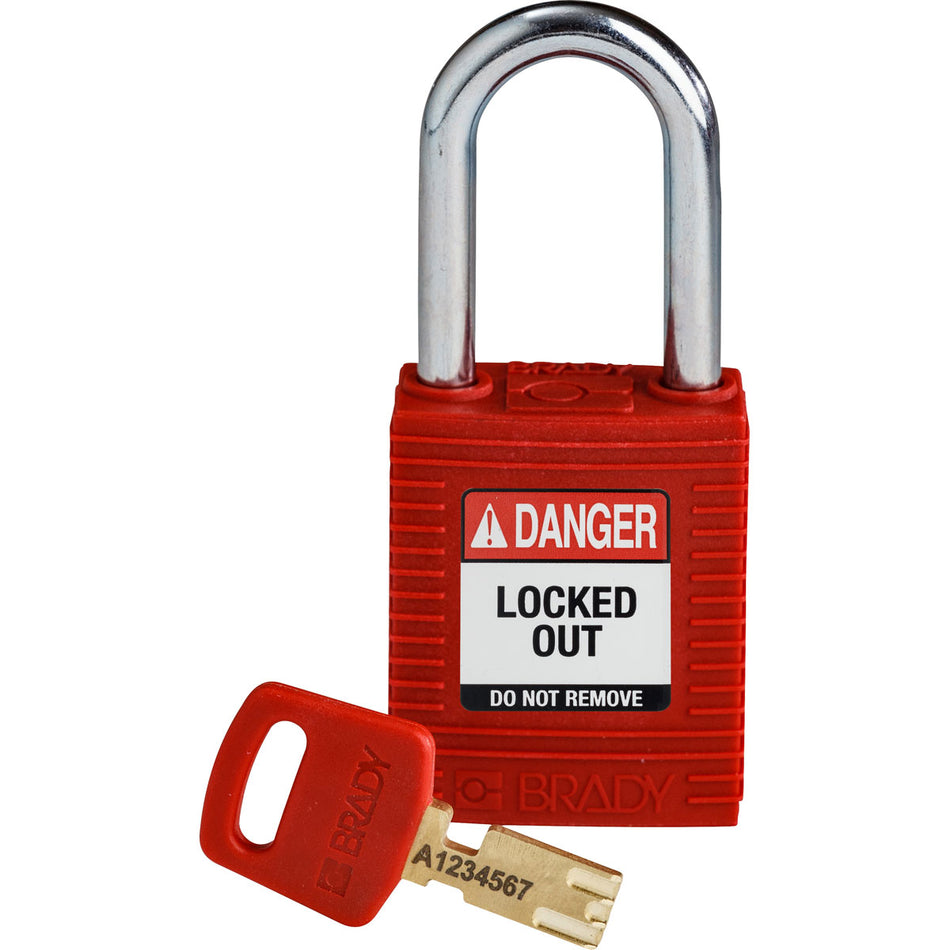 NYLRED38STKD - Candados de nylon "SafeKey" rojo arco de acero 1.5"