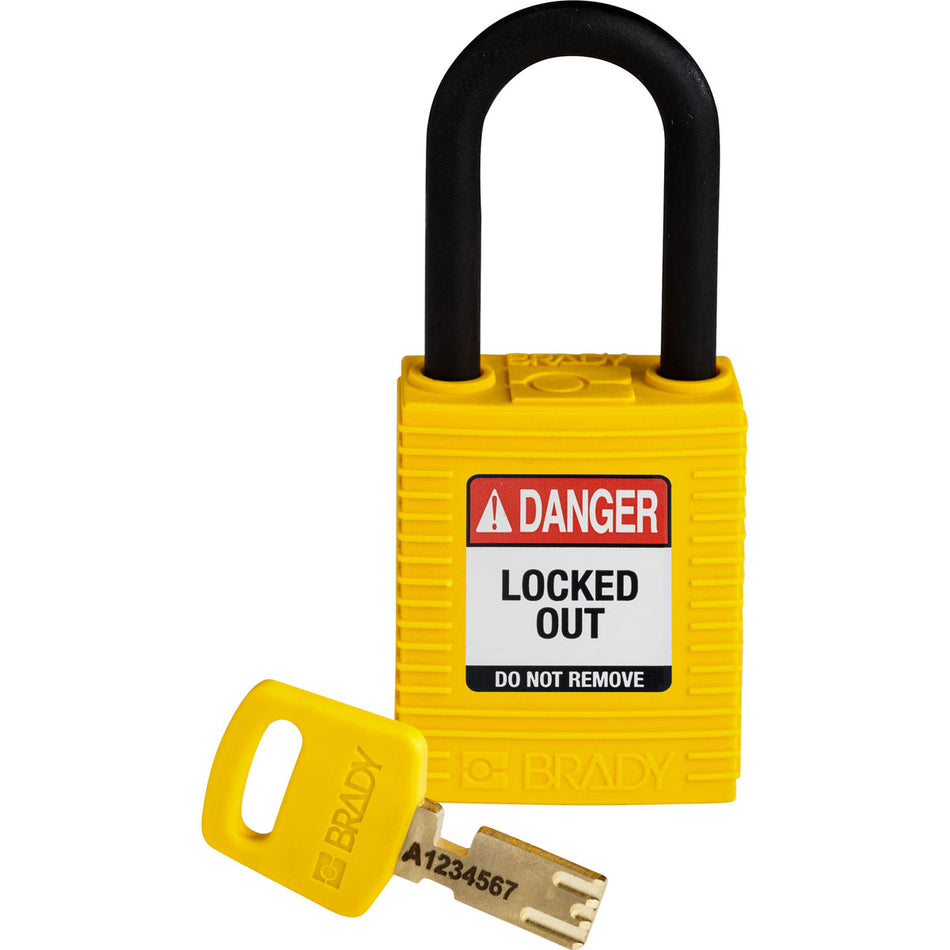 NYLYLW38PLKD - Candados de nylon "SafeKey" amarillo arco de plástico 1.5"