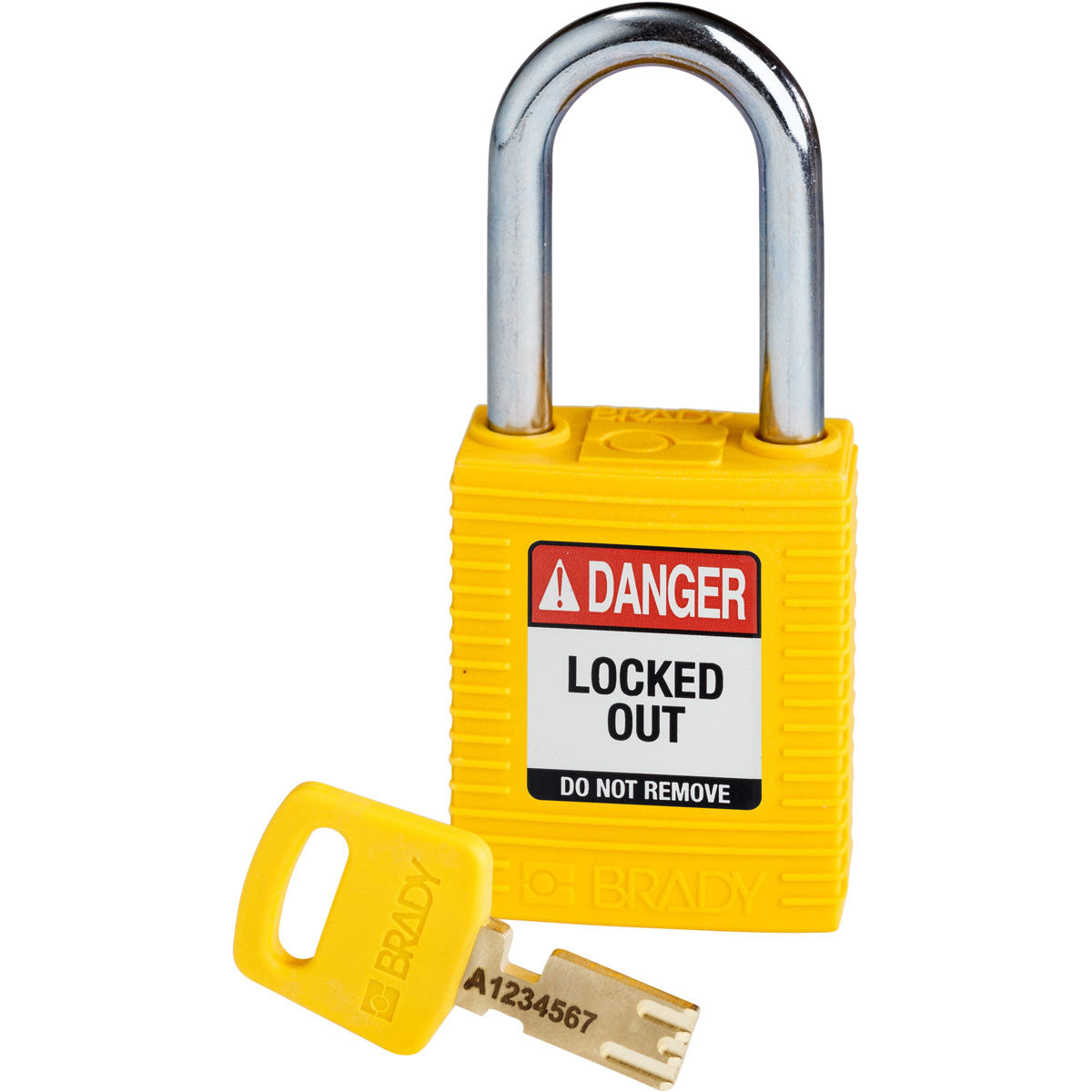 NYLYLW38STKD - Candados de nylon "SafeKey" amarillo arco de acero 1.5"