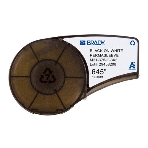 M21375C342 - Etiquetas termocontráctiles PermaSleeve para alambres y cables con cinta de impresión para impresoras M21 - 3/8" Dia, Negro sobre blanco