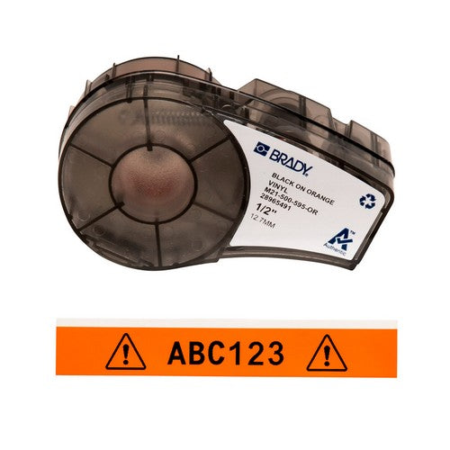 M21500595OR - Cinta de impresión y cinta de etiquetas de vinilo con adhesivo permanente para todo tipo de clima para impresoras M21 - 0.5", Negro sobre anaranjado